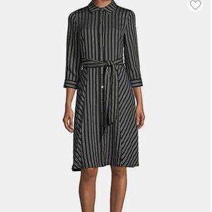 Karl Lagerfeld Paris Stripe Three-Quarter Sleeve Shirtdress 10 Black